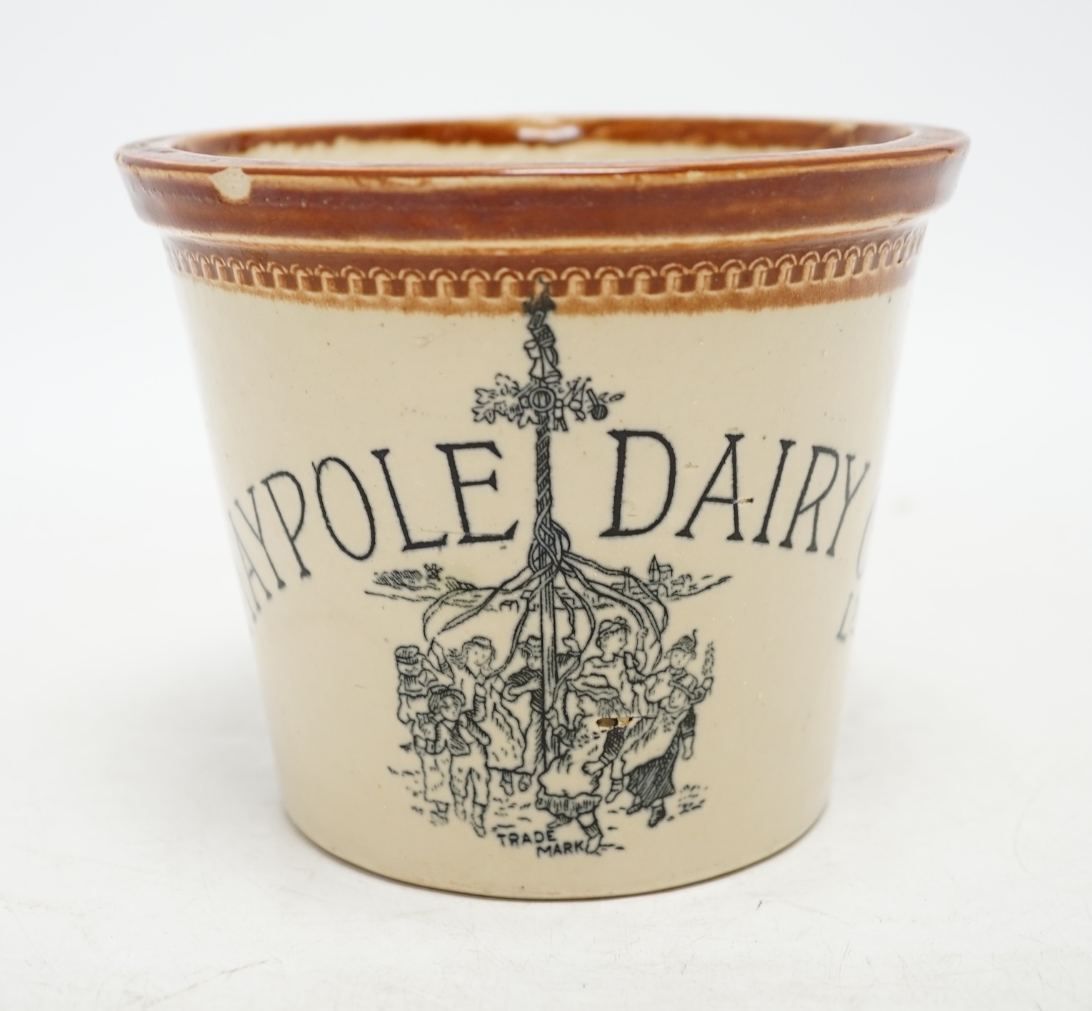 A late 19th century Maypole Dairy Co Ltd butter crock with handle, 12cm tall. Condition - fair